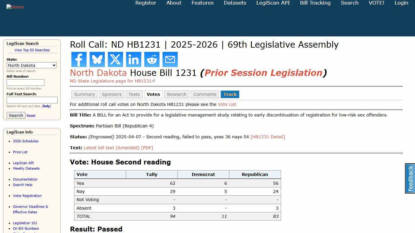 Roll Call: ND HB1231 2025-2026 69th Legislative Assembly LegiScan